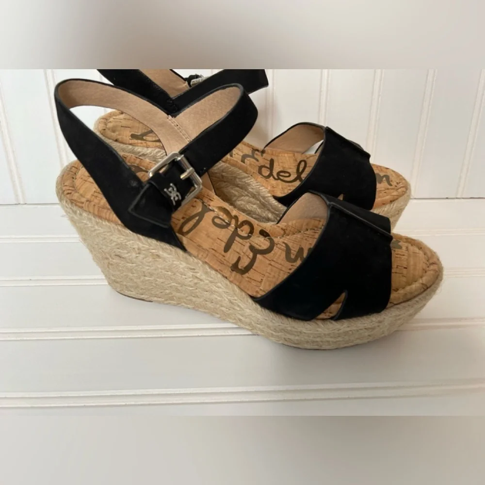 Sam Edelman 9.5 M Maura Espadrille Wedges Peep Toe Sandals Black NEW 1864
